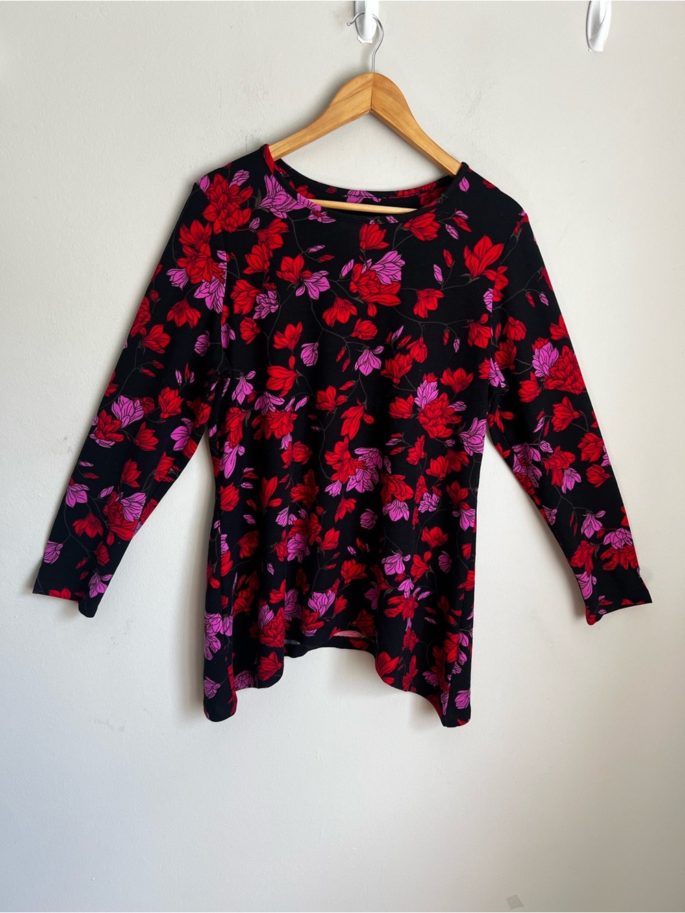 Denim&Co Black Long-Sleeve Top with Red & Purple Floral Print